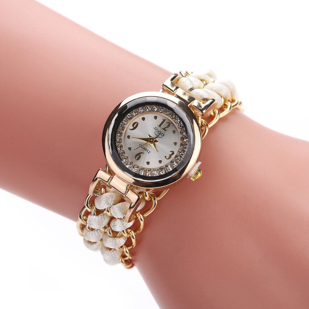 2 Pcs Woman Rhinestone Bracelet Watch Handmade Knitting Rope Chain Winding Analog Quartz Movement Elastic Fashion Wrist Watch