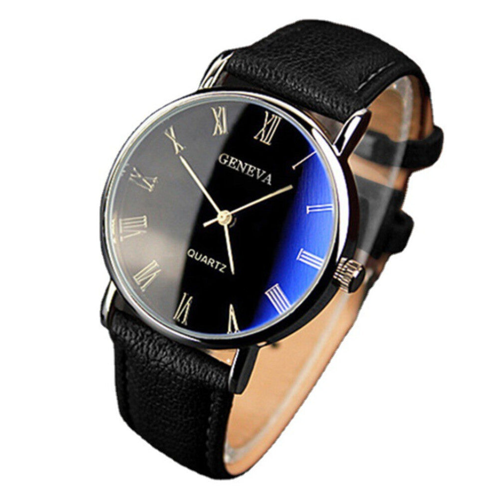 2 Pcs Fashion Men's Watch Men Roman Numerals Blu-Ray Faux Leather Band Quartz Analog Business Men's Wrist Watches Casual Business