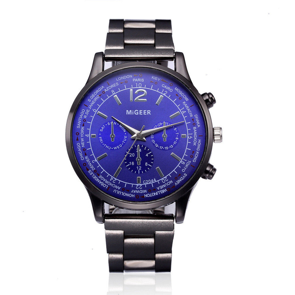 2 Pcs Man watch Stainless Steel Blu-ray mirror Three Eyes dial Analog Quartz Wrist Watch