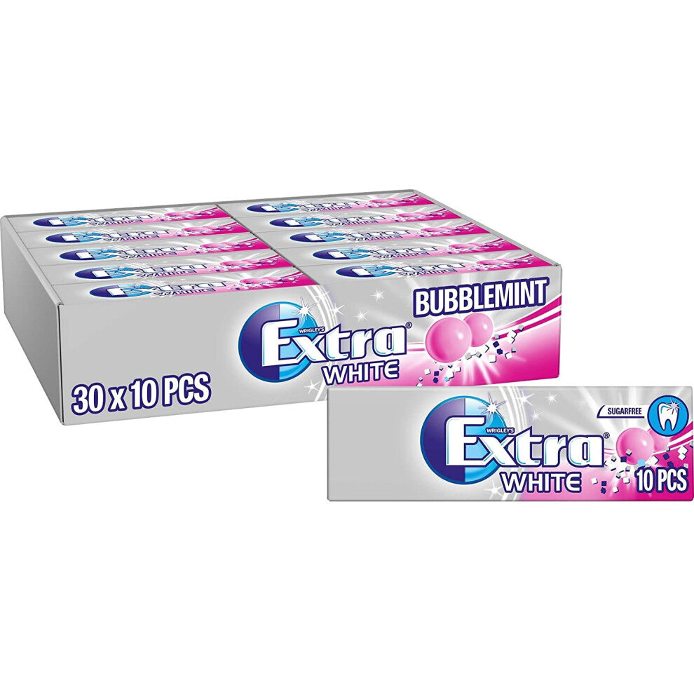Extra White Chewing Gum, Sugar Free, Bubblemint, 30 Packs of 10 Pieces