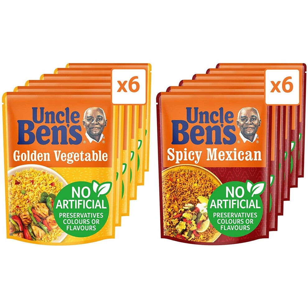 Uncle Ben's Microwave Rice Mixed Selection, Bulk Multipack of 12- 6 x Golden Vegetable 250 g, 6 x Spicy Mexican 250 g