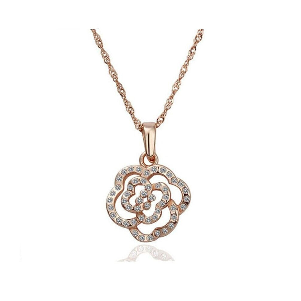 Womens Rose Gold Cubic Zirconia Flower Necklace Christmas Gift Present Ladies