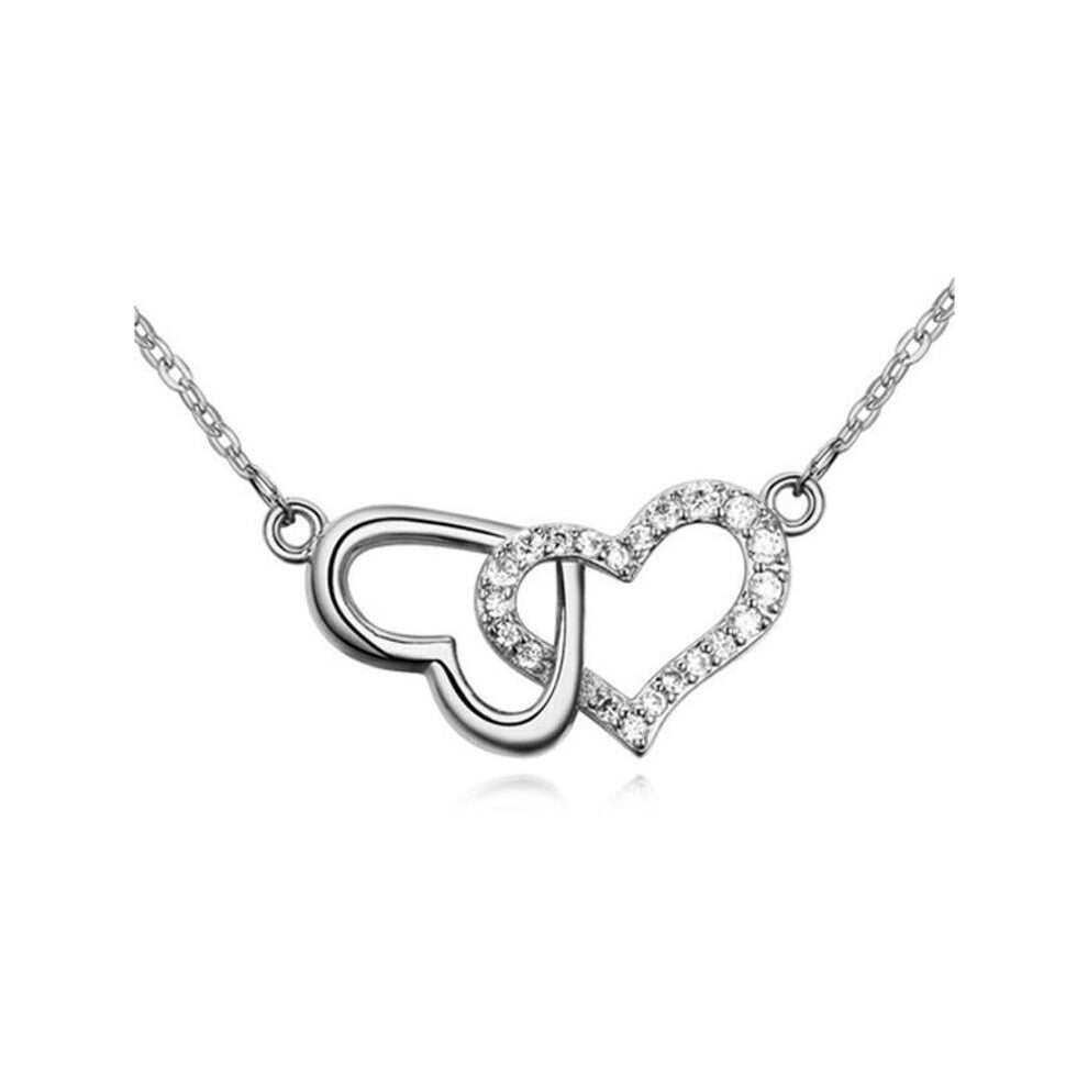 Women's Silver Beautiful Intertwined Double Heart Pendant Necklace Crystal Elements