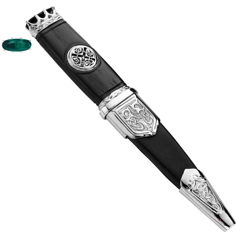 Sgian Dubh Plated Celtic Saltire Badge and Emerald Hued Top Stone