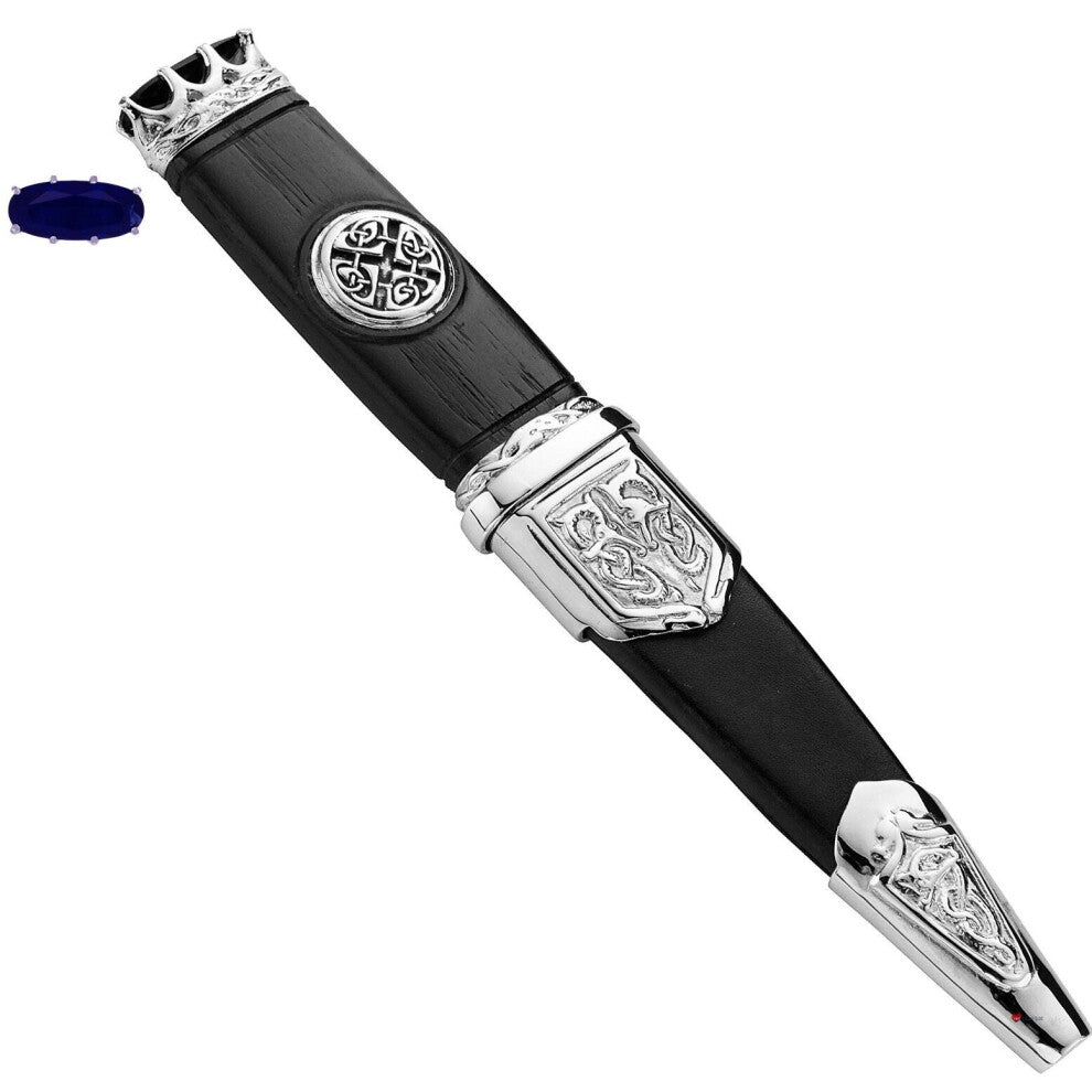 Sgian Dubh Plated Celtic Saltire Badge and Sapphire Hued Top Stone