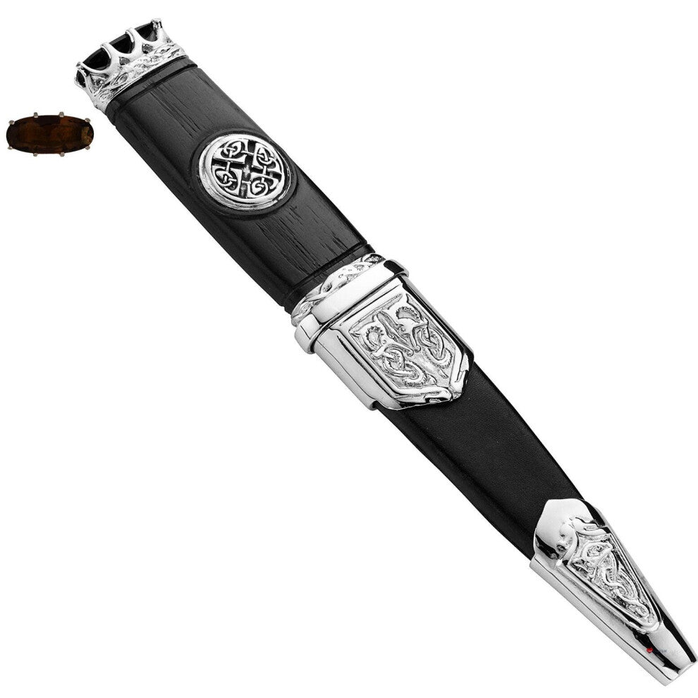 Sgian Dubh Plated Celtic Saltire Badge Smokey Quartz Hued Top Stone