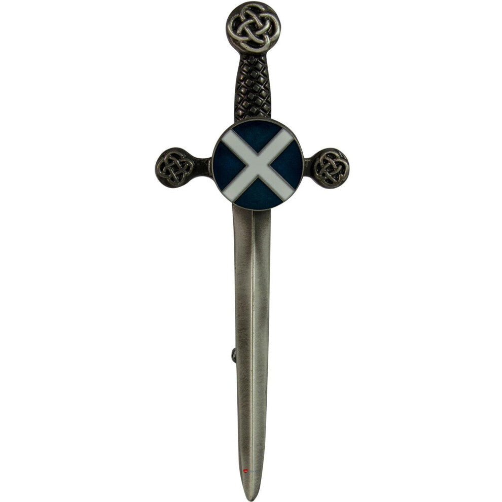 (Antique Silver) Mens Kilt Pin Saltire Claymore Sword Chrome and Antique