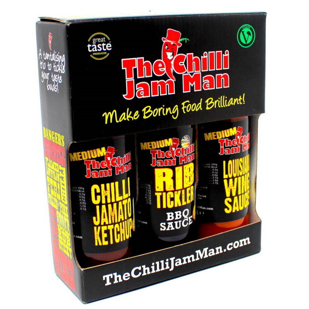 The Chilli Jam Man Saucy Box Chilli & BBQ Sauces Medium Hot Set Of 3