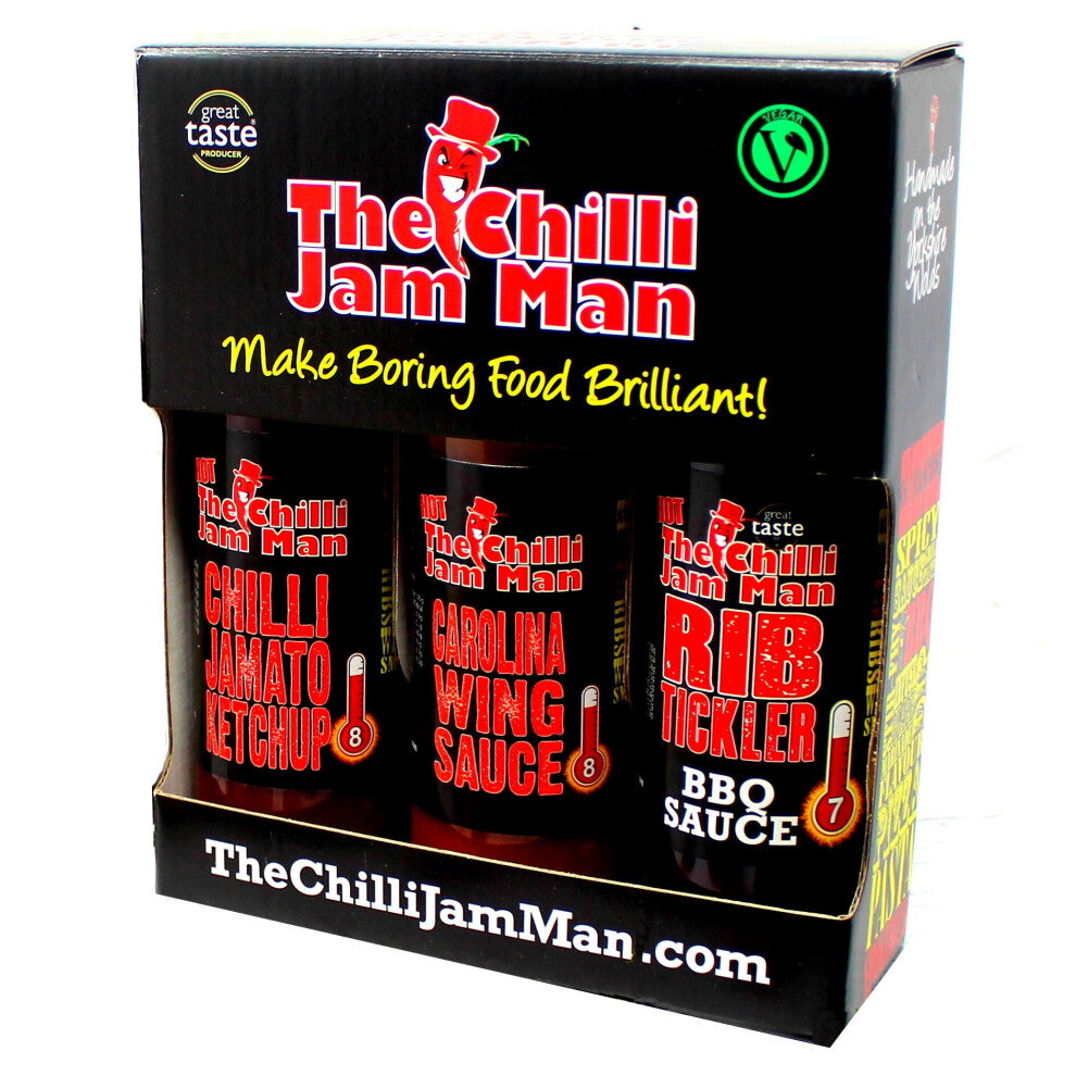 The Chilli Jam Man Hot Box 3 x Spicy Pepper BBQ & Wing Sauces Gift Set