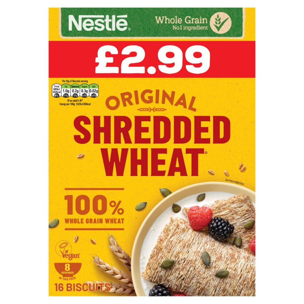 Nestle Shredded Wheat Original 16 Biscuits - 360g Pack of 5, 100% Whole Grain, High Fibre, Low Sugar, Vegan