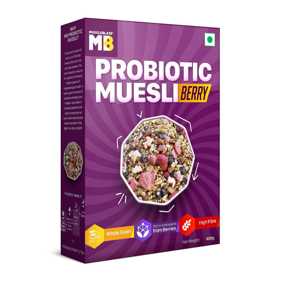 MuscleBlaze Probiotic Muesli, Breakfast Cereals For Good Gut Health, Berry, Multigrain Flakes, High In Protein, Antioxidant-Rich, 400 grams