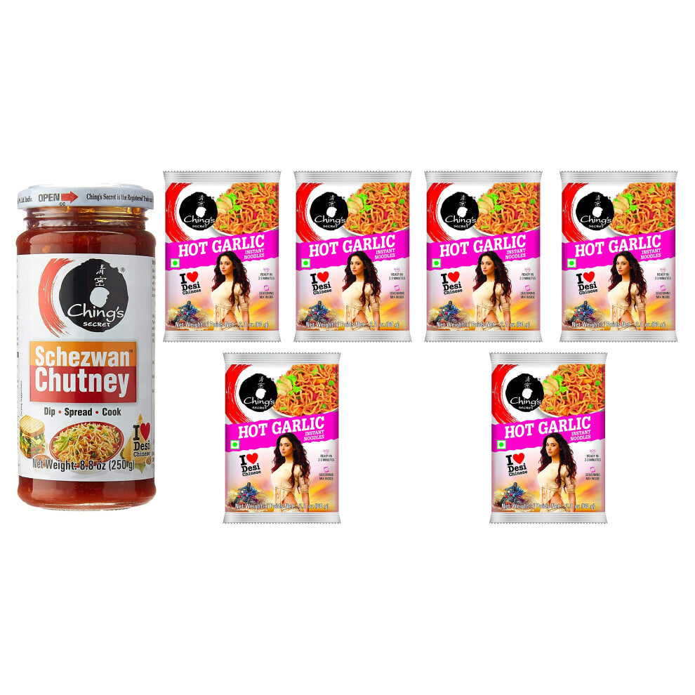 Chings Schezwan Chutney 250g and Pack of 6 Chings Hot Garlic Noodles 60g, Make Your Noodles Tantalizing and Delicious with Sauce