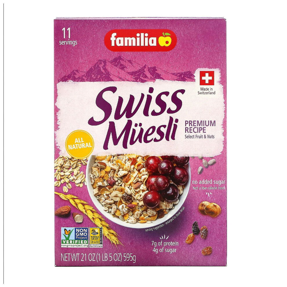 Familia Swiss Muesli Premium Recipe, 21 oz (595 g) - All Natural, Non-GMO, High Protein, Whole Grain, No Added Sugar, Nuts & Dried Fruits