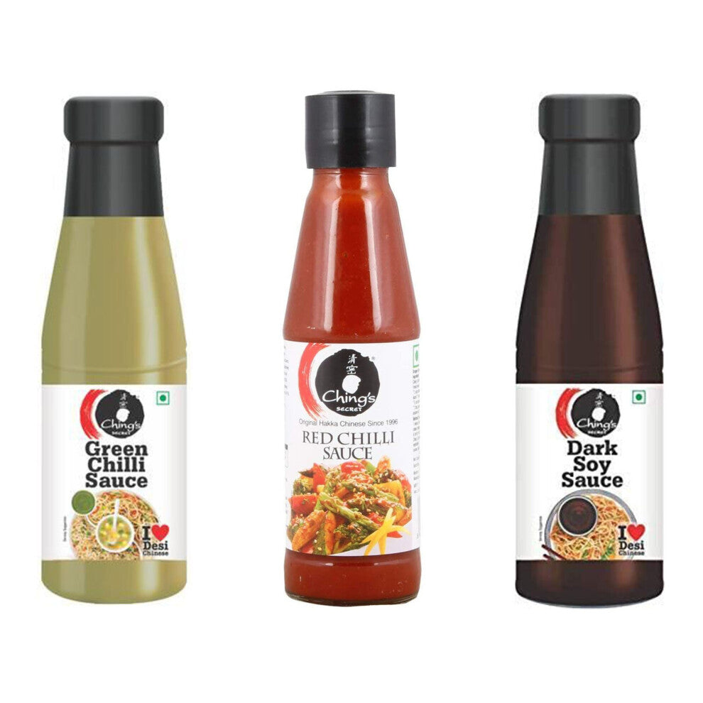Chings Set of 3 Sauces - Green Chilli Sauce 190g - Dark Soy Sauce 200g - Red Chilli Sauce 190g - Made from The Finely Selected Ingredients