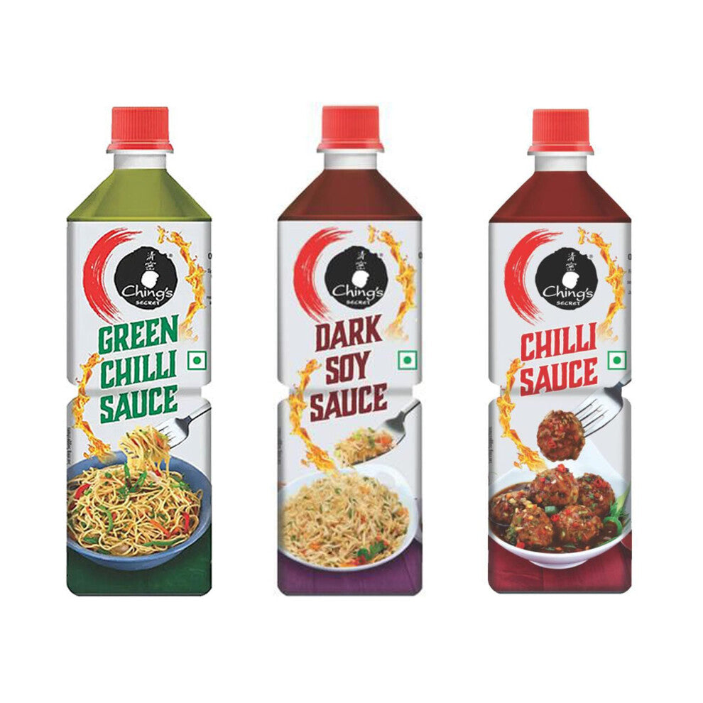 Chings Set of 3 Assorted Sauces - Green Chilli Sauce - Dark Soy Sauce - Red Chilli Sauce 680g
