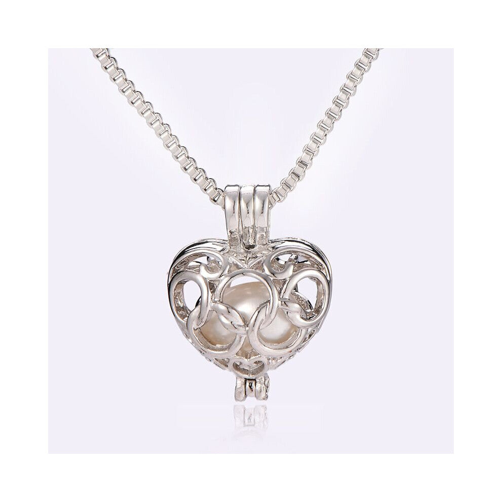 K401 Silver Alloy Pearl Cage 33mm Flowers Heart Stainless Steel Wedding Necklace