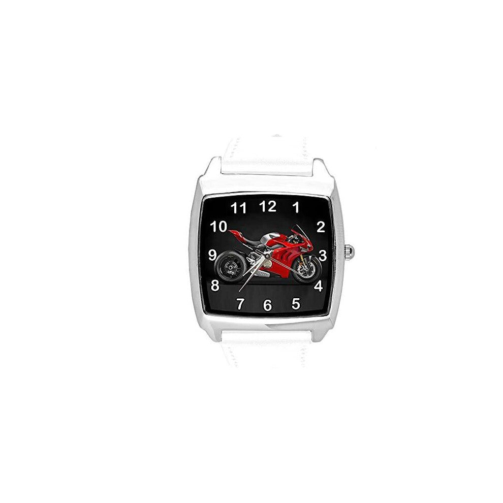 White Leather Quartz Square Watch for Motorbike Fans