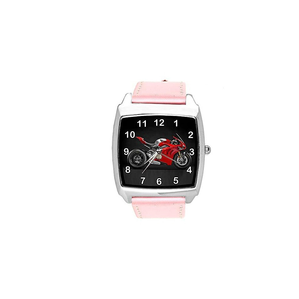 Pink Leather Quartz Square Watch for Motorbike Fans