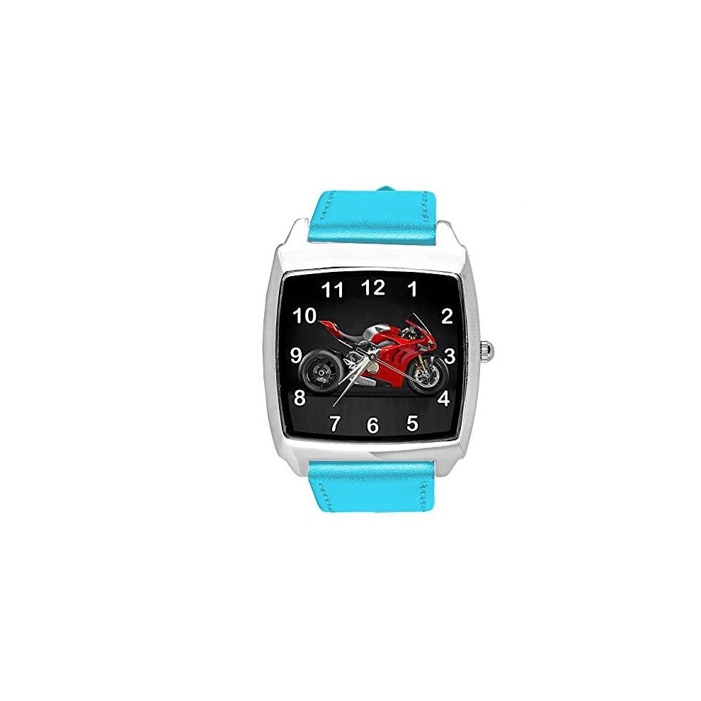 Blue Leather Quartz Square Watch for Motorbike Fans