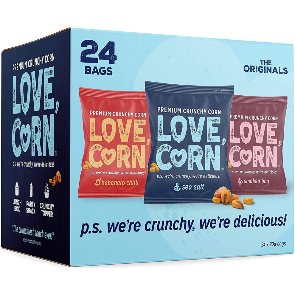 LOVE CORN: Variety Pack | 8x Sea Salt, 8x Habanero Chilli, 8x Barbecue | Roasted Crunchy Corn - Gluten-Free - Plant based & Vegan - Healthy Snack - Lo