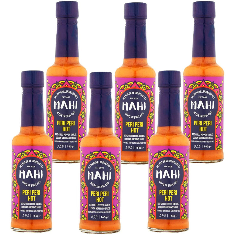 MAHI Per-Peri Hot Sauce Pack of 6 - Medium Spicy Heat, Perfect for BBQs & Every Day, Gluten Free (GF) Vegan Sauce, (6 x 165g bottles)
