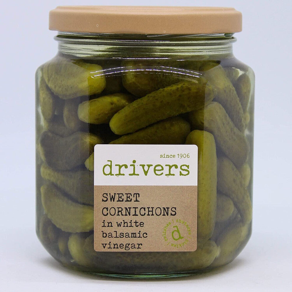 Driver's Sweet Cornichons in White Balsamic Vinegar - Traditional Drivers Recipe Party Favourite Picklers Since 1906 Mini Gherkins Gluten-Free Suitabl