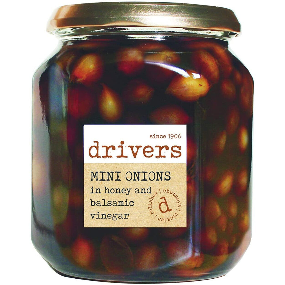 Driver's Mini Onions in Honey & Balsamic Vinegar - Mini Silverskin Onions Sticky Honey Flavour Traditional Driver's Recipe Picklers Since 1906 Gluten-