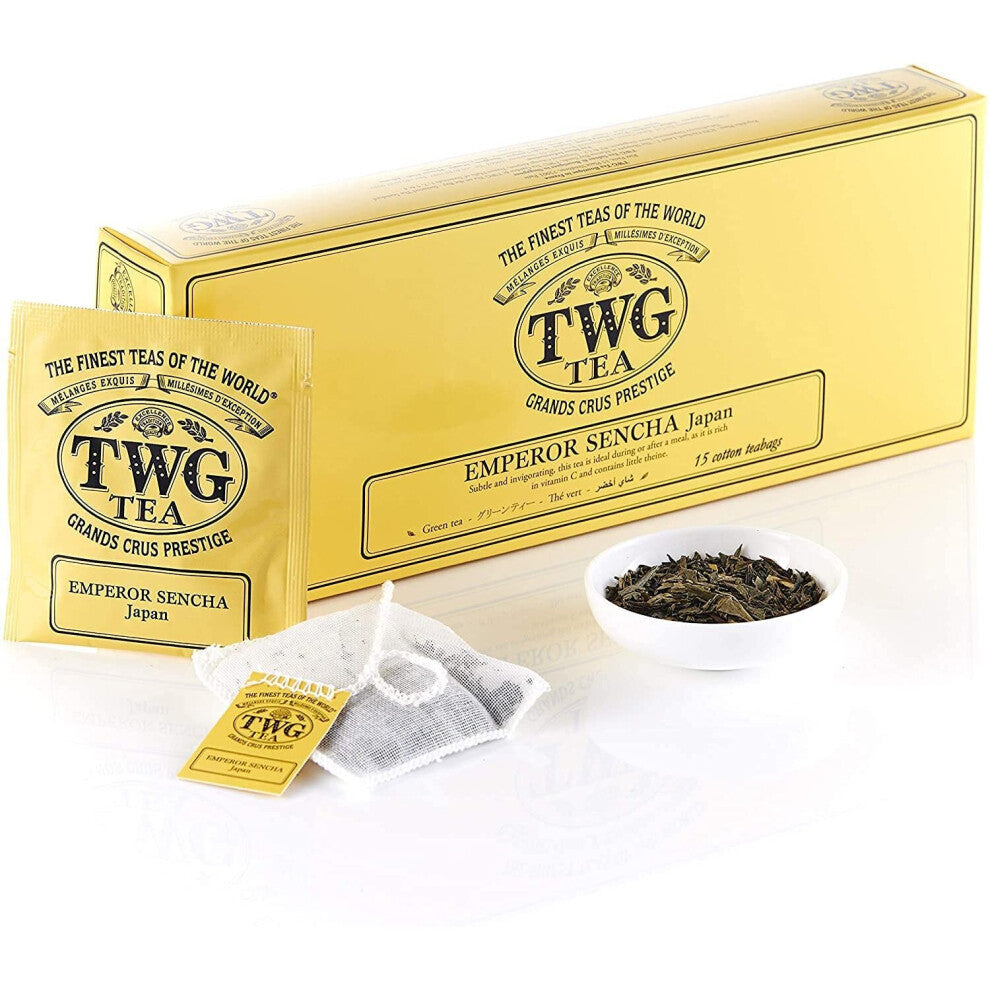 TWG Tea | Emperor Sencha, Japanese Green Tea Blend in 15 Hand Sewn Cotton Tea Bags in Giftbox, 37.5 g