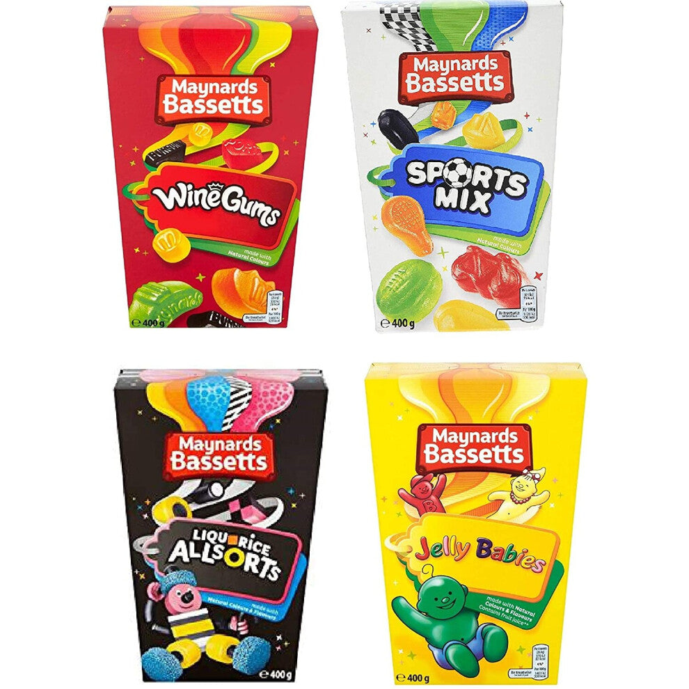 Maynards Bassetts Sweet Selection 4 Boxes Liquorice Allsorts, Jelly Babies, Wine Gums & Sports Mix. Great Gift, Party Pack