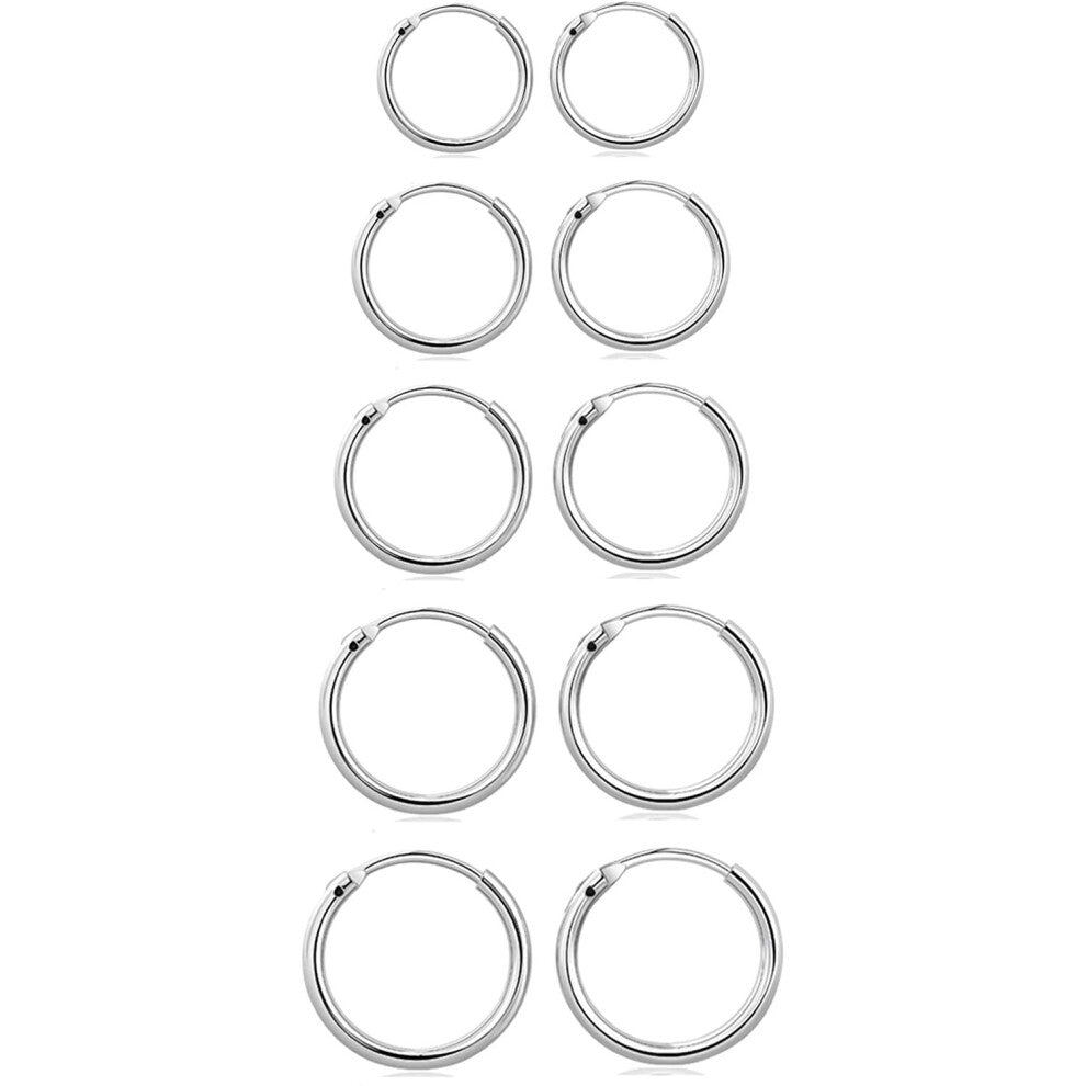 Elicola Set of 5 Pairs of Hoops Earrings in 925 Sterling for Women Men Small Round Mini Sleeper Cartilage Earrings Hypoallergenic 8-10-12-14-16mm