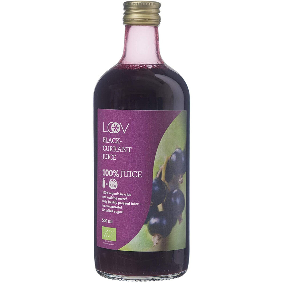 LOOV Organic Blackcurrant Juice, 500 ml, Cold-Pressed from Fresh Blackcurrants, Not from Concentrate, Pure Juice, no Added Sugar, no Water Added, High