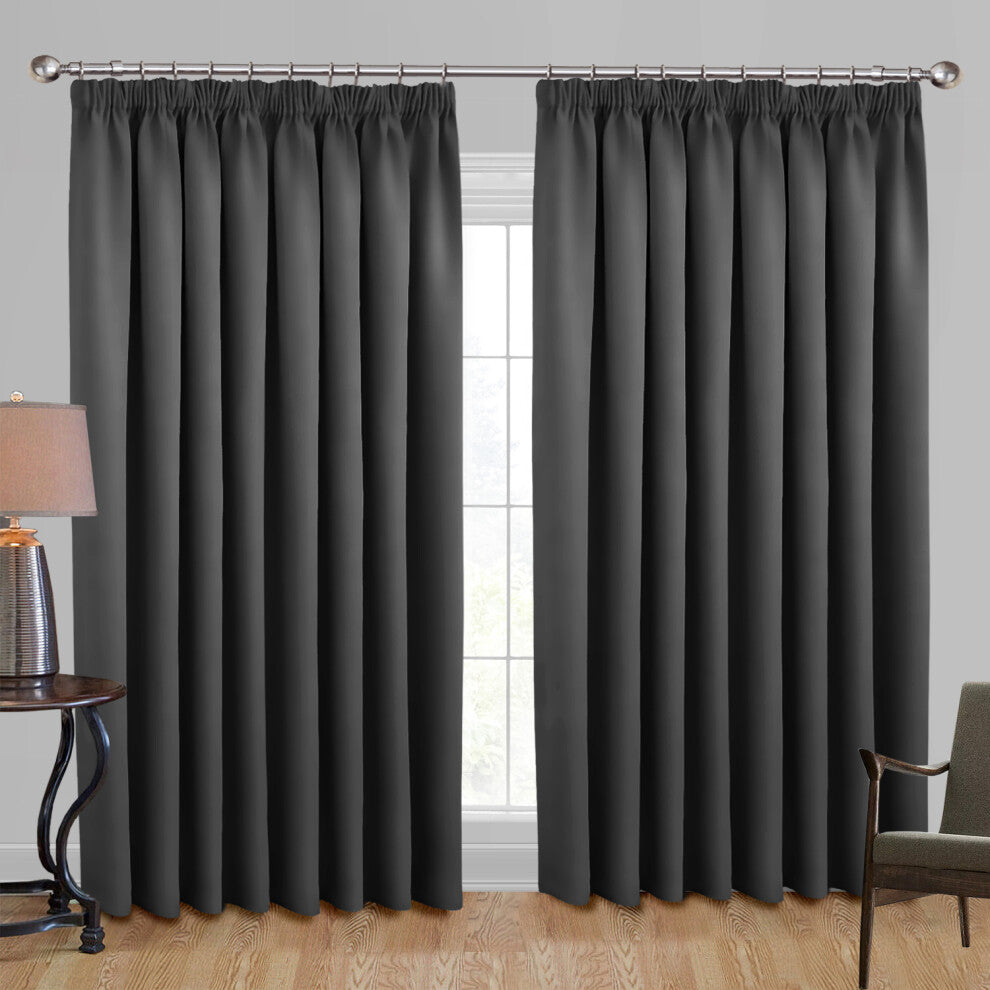(GREY, 66 x 90) Pencil Pleat Curtain Thermal Ready Made Pair Panel
