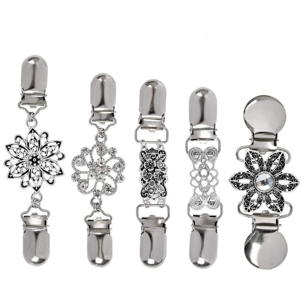 5Pcs Woman Cardigan Clip Vintage Sweater Clips, Scarf Collar Metal Clip Sweater Chain Creative Silver Cardigan Clip for Blouse Cardigan Dresses Shawl
