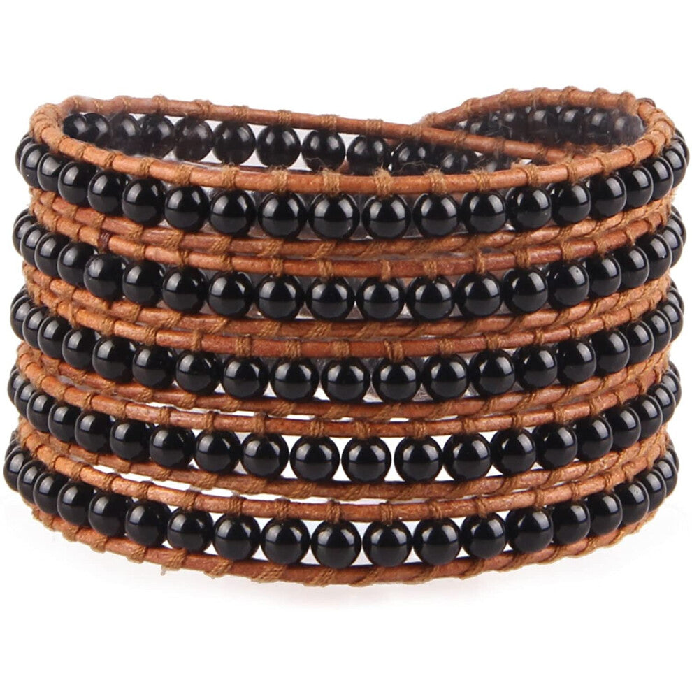 KELITCH Agate 5 Wraps Bracelets Handmade Leather Beaded Bracelets Multi Strands Bracelets Bangles (Black)
