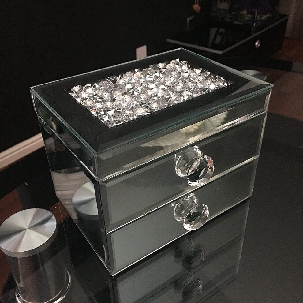 Glass Silver Mirrored Diamante Crushed Jewels Jewelry Box 2 Drawer