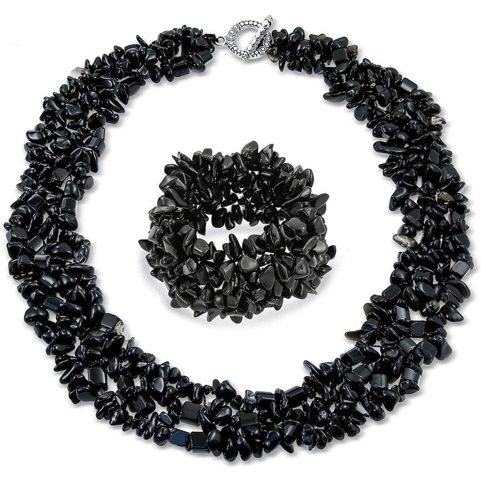 Large Wide Color Gemstone Chips Cluster Multi Strand Statement Bib Collar Necklace Stretch Bracelet Bangle Cuff Jewelry Set for Women