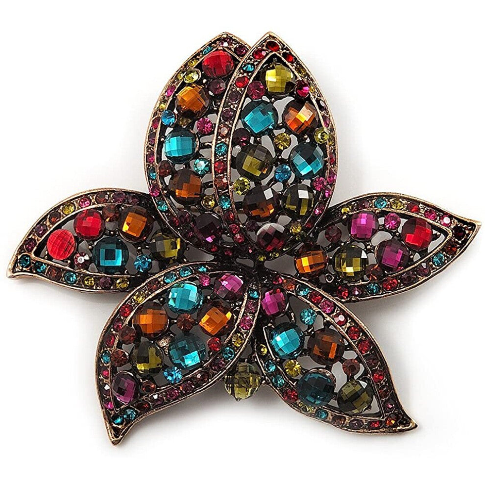 Avalaya Large Multicoloured Diamante Floral Brooch-Pendant (Antique Gold Finish)