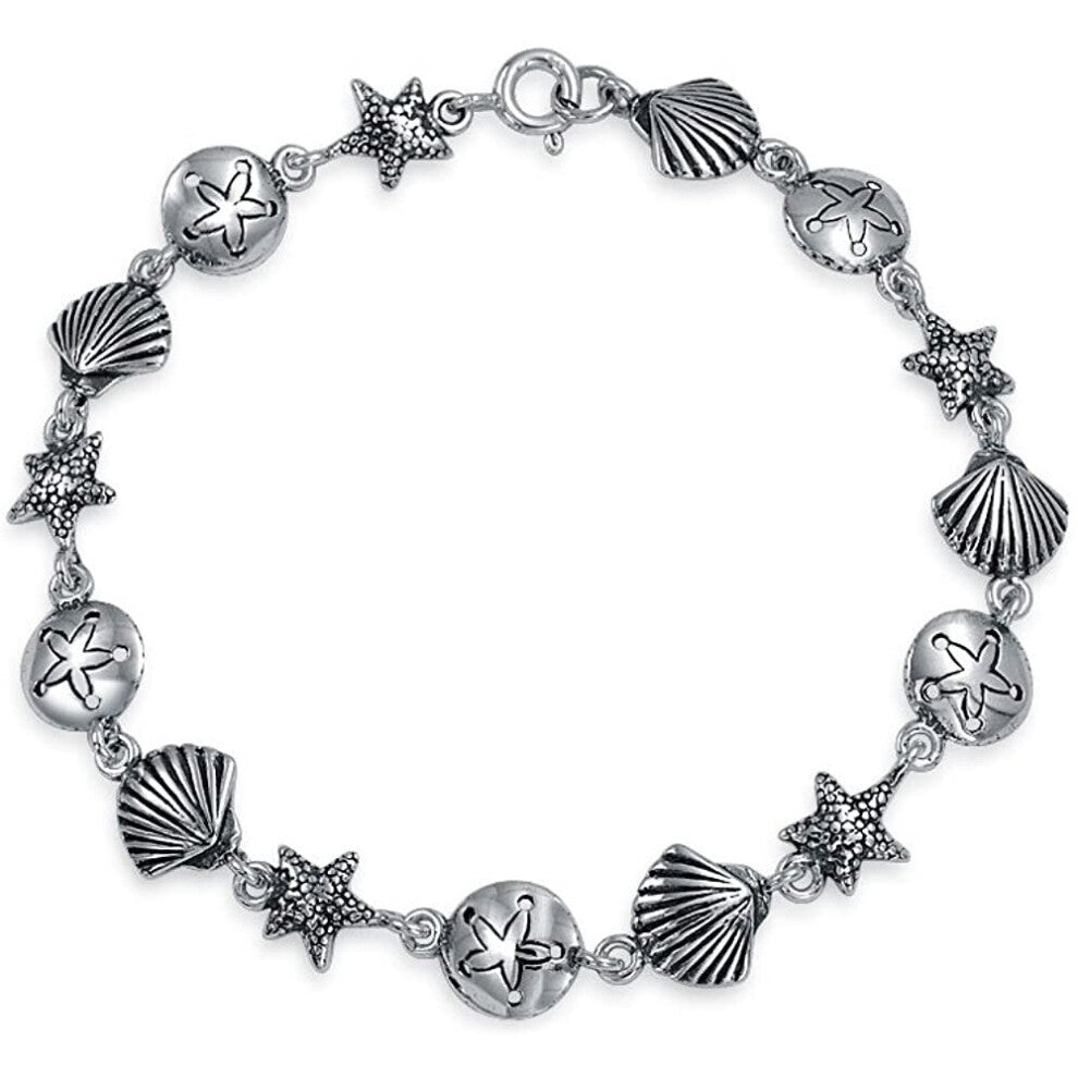 Nautical Multi Charm Sand Dollar Sea Shell Starfish Link Bracelet For Women For Teen Oxidized 925 Sterling Silver