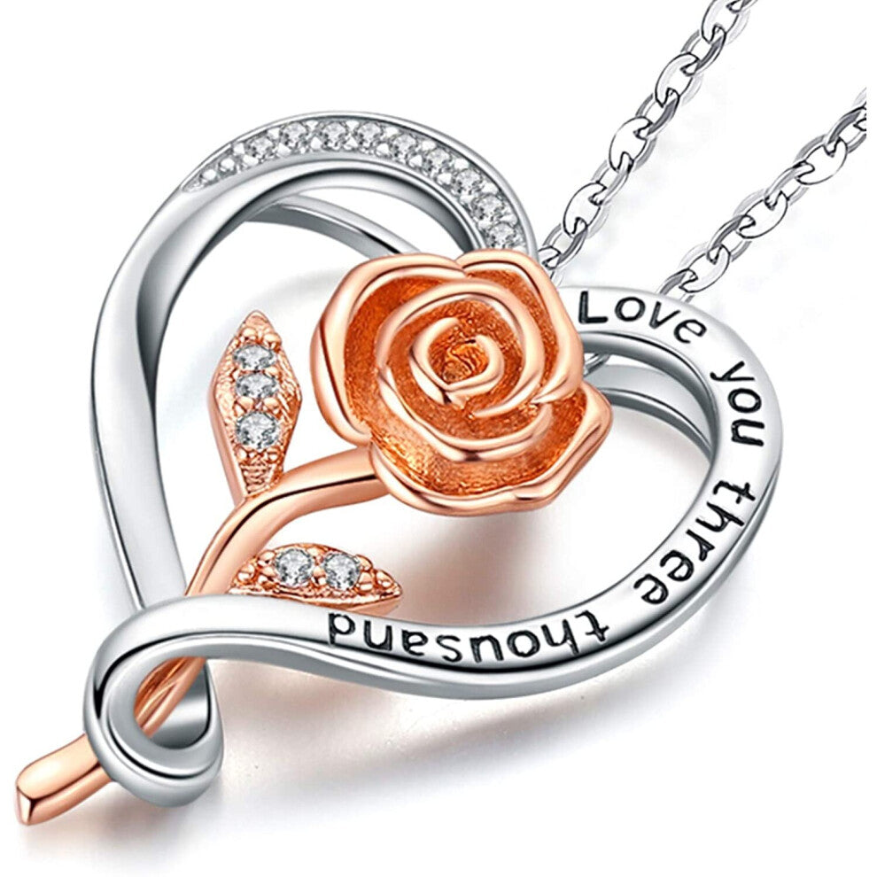 Sterling-Silver-Heart-Necklaces for Women, Rose Gold Plated Flower Love Pendant, Cubic Zirconia Jewellery Gift, Presents for Ladies Mum Wife