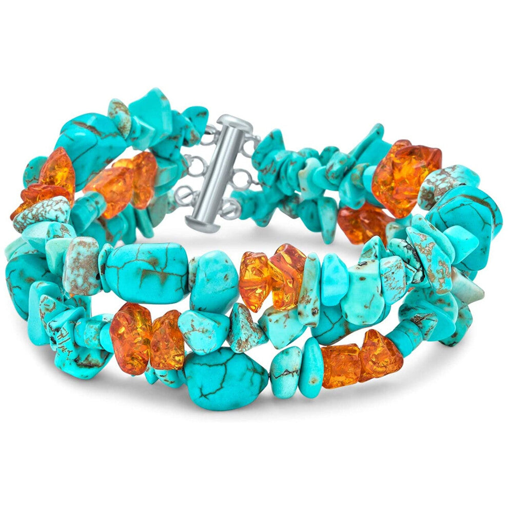 Blue Golden Stabilized Turquoise Amber Resin Chips Multi Twisted 3 Strand Bracelet For Women 925 Sterling Silver