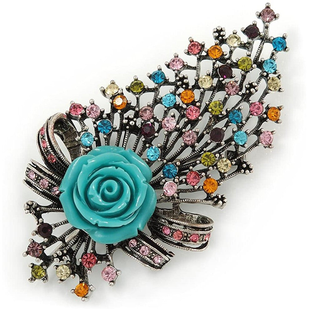 Avalaya Large Vintage Inspired Multicoloured Crystal Rose Floral Brooch-Pendant in Antiqued Silver Tone - 95mm L