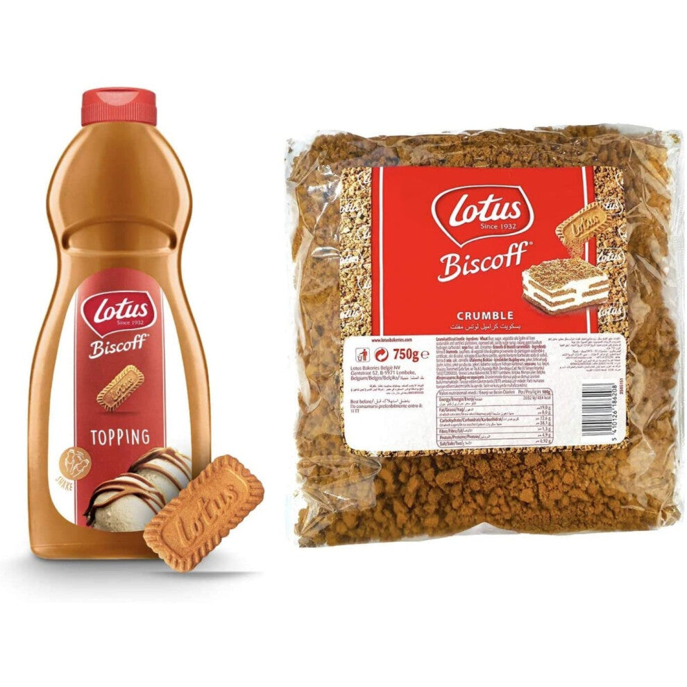 Lotus Biscoff Topping Sauce 1kg Squeezy Bottle and Lotus Biscoff Crushed Crumbs 750g Ultimate Dessert Combo Bundle by Choice Masters