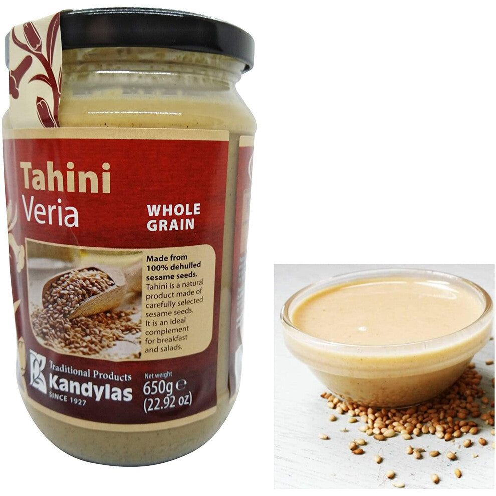 Greek Wholegrain Tahini ( Dehulled ) Sesame Seeds Spread, Traditional Flavour, 650g, Glass jar
