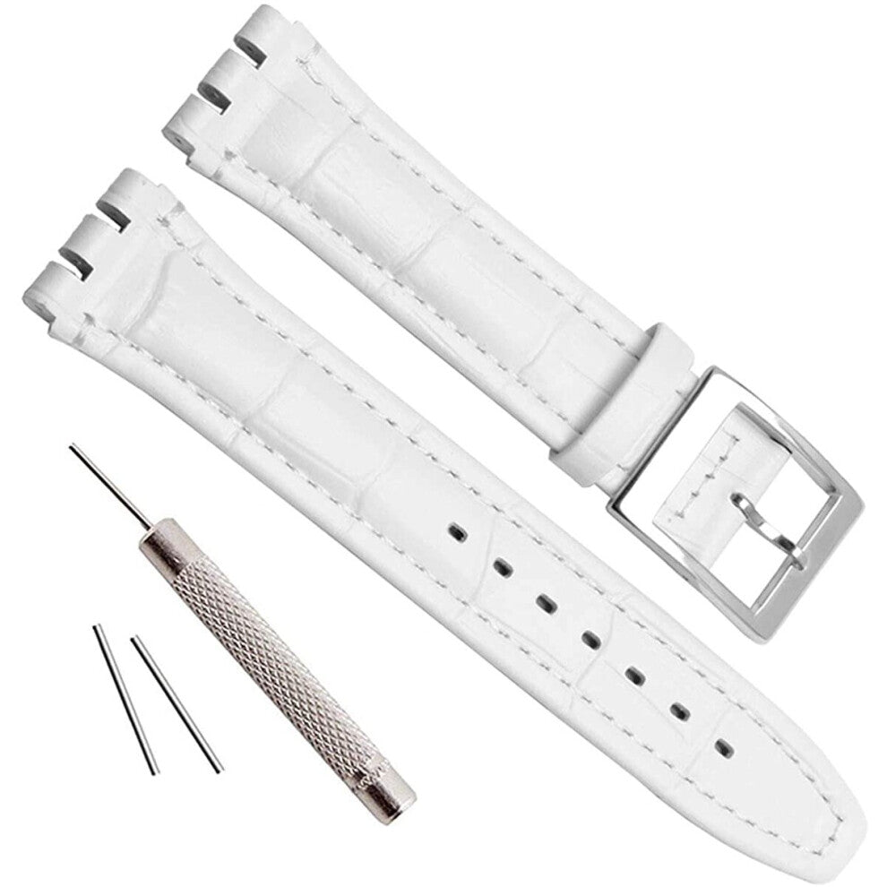 Alligator Grain Cow Leather Stainless Steel Buckle Watch Band Strap for Swatch (17mm, White)