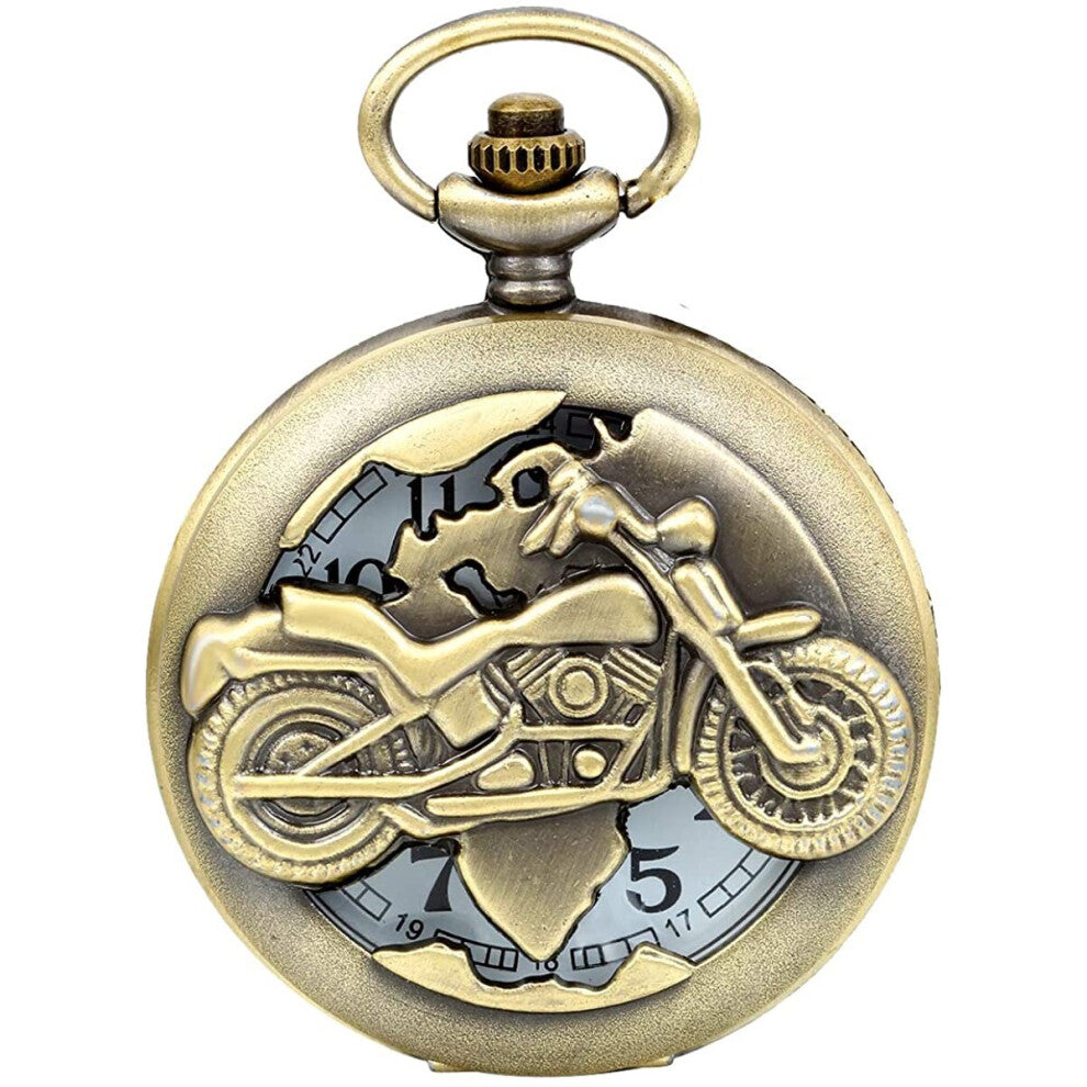 Jewelrywe Steampunk Pocket Watch,Bronze Biker Motorcycle Motorbike Moto Pocket Watch Necklace Pendant Mens Boys