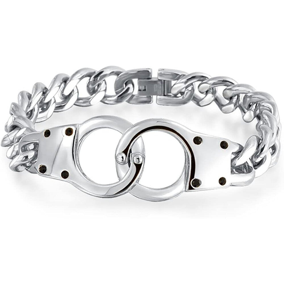 Bling Jewelry Biker Interlocking Handcuff Bracelet Partners in Crime Curb Chain Silver Gold Plated Stainless Steel for Men 8.5 Inch
