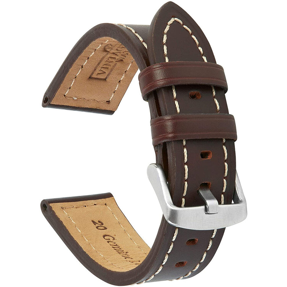 VintageTime Watch Straps - Smooth Grain Heavy Stitch Leather Replacement Watch Bands | 18mm, 20mm, 22mm