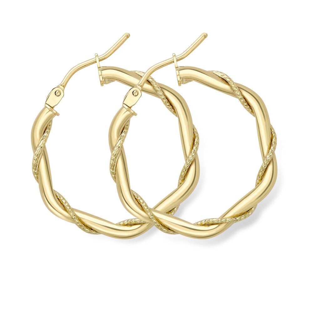 Jewelco London 9ct Yellow Gold Rope Entwined Twist Hexagonal Hoop Earrings 2mm - ERNR02323