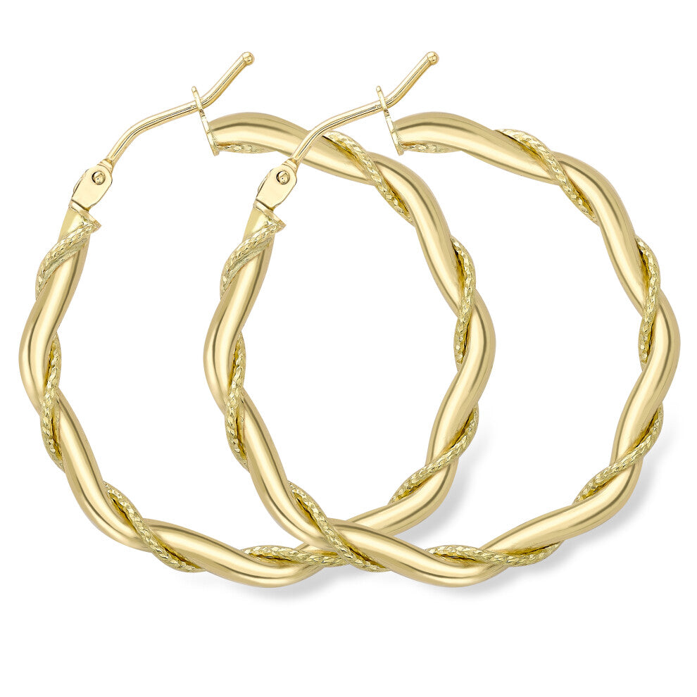 Jewelco London 9ct Yellow Gold Rope Entwined Twist Hexagonal Hoop Earrings 2mm - ERNR02324