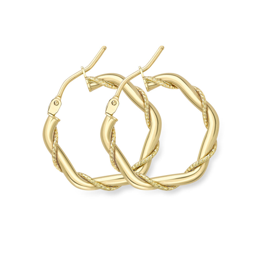 Jewelco London 9ct Yellow Gold Rope Entwined Twist Hexagonal Hoop Earrings 2mm - ERNR02322